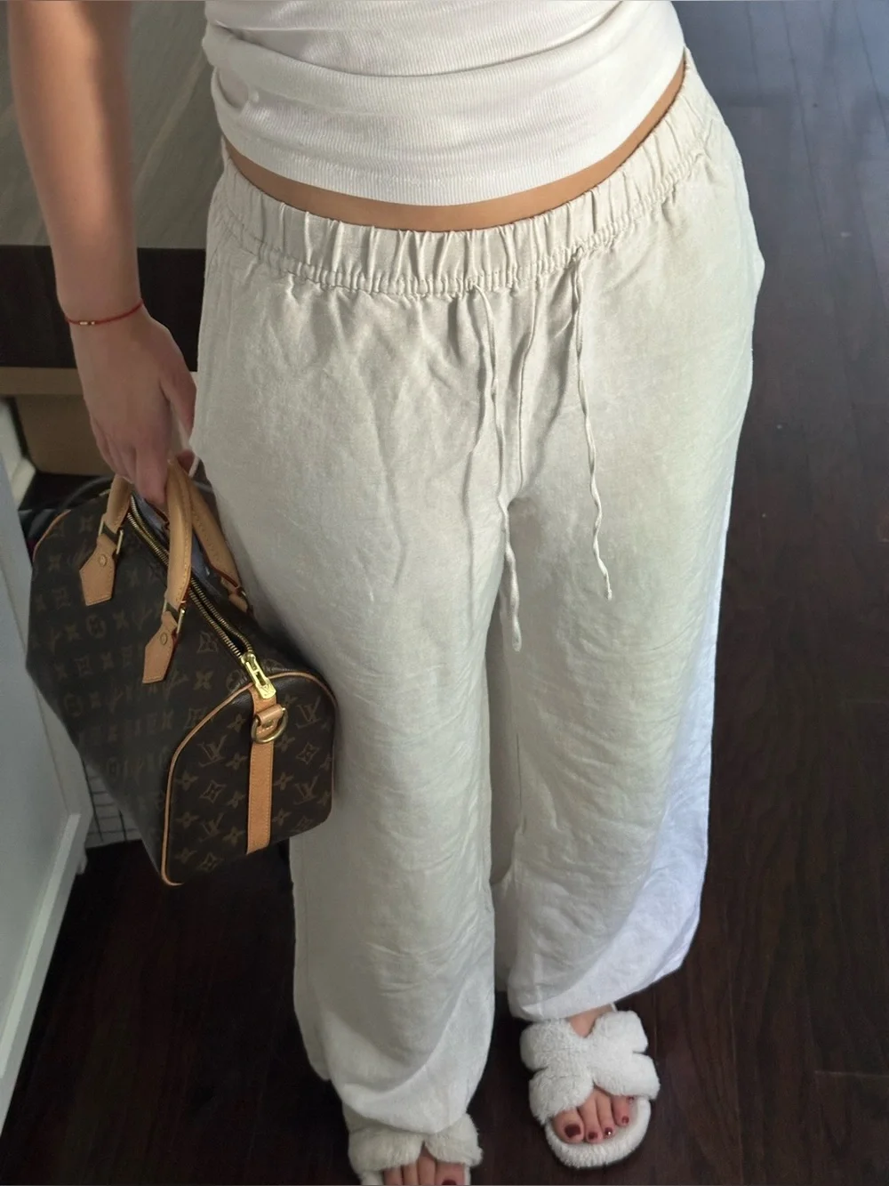 H&M Cream Wide-Leg Linen Drawstring Pants